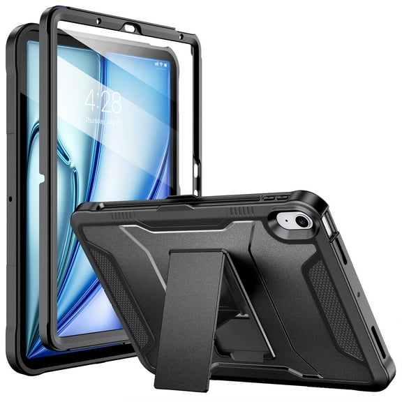 Soke Case for iPad Air 11-Inch M2, iPad Air 6th/5th/4th Generation (2024/2022/2020), with Built-in Screen Protector and Kickstand, Rugged Full Body Protective Cover for Apple Air 10.9 - Dark Black