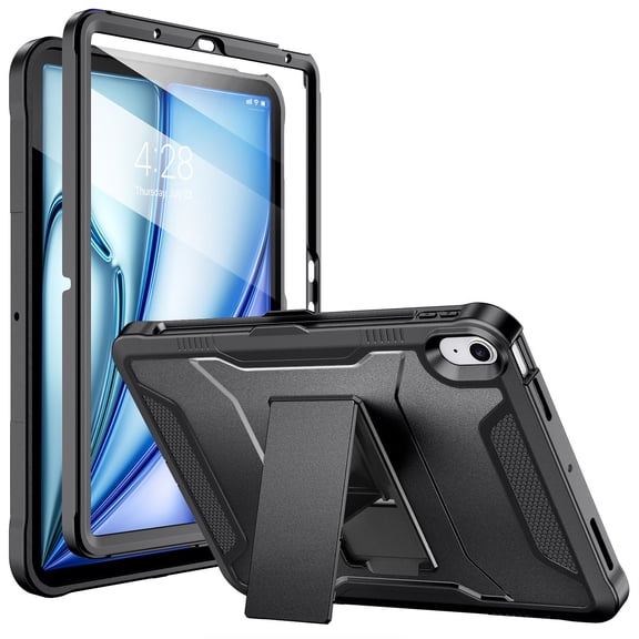 Soke Case for iPad Air 11-Inch M2, iPad Air 6th/5th/4th Generation (2024/2022/2020), with Built-in Screen Protector and Kickstand, Rugged Full Body Protective Cover for Apple Air 10.9 - Dark Black