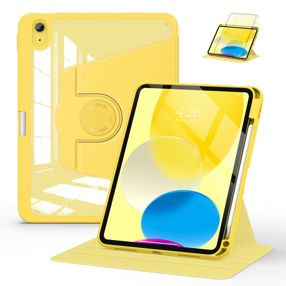 Soke Rotating Case for iPad 10th Generation 10.9-Inch 2022 with Pencil Holder - 360 Degree Rotate Stand Protective Case with Clear Back & Smart Sleep/Wake Cover - Yellow