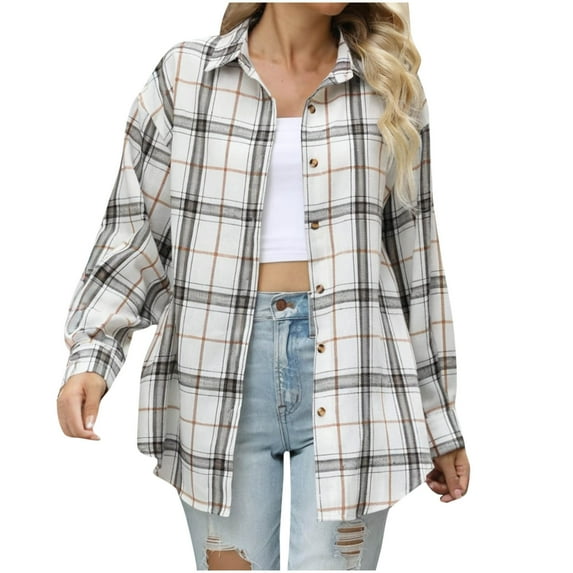 Sokhgu Plaid Shirts for Women Long Sleeved Shirt Button Down Lapel Loose Casual Cardigan