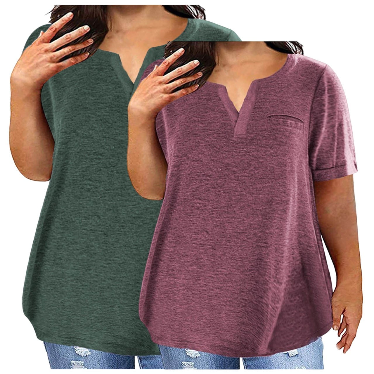 Amoretu Women's V-Neck Short Sleeve Tee - Soft Cotton Basic Blouse, Green, Size 2XL - View #10