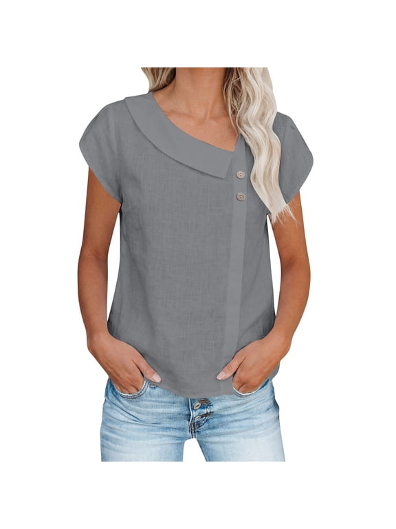 Asymmetrical Collar Top for Women Linen Cotton Short Sleeve with Button Blouses, Short Sleeve Casual Loose Fit Outdoor Top Gray S
