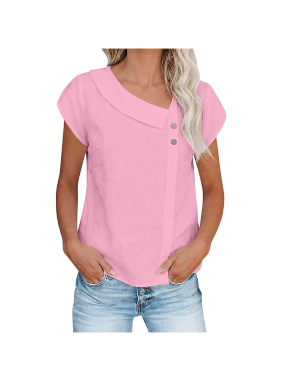 Asymmetrical Collar Top for Women Linen Cotton Short Sleeve with Button Blouses, Short Sleeve Casual Loose Fit Outdoor Top