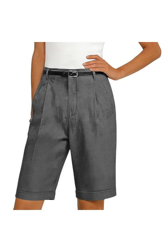 Bermuda Shorts for Women High Waisted Pleated with Belted Waist and Cuffed Hem Solid Color Casual Office Wear