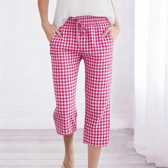 Sokhug Capri Pants for Women Gingham Elastic Drawstring Waist Lightweight Straight Leg Casual With Pockets Cropped Trousers