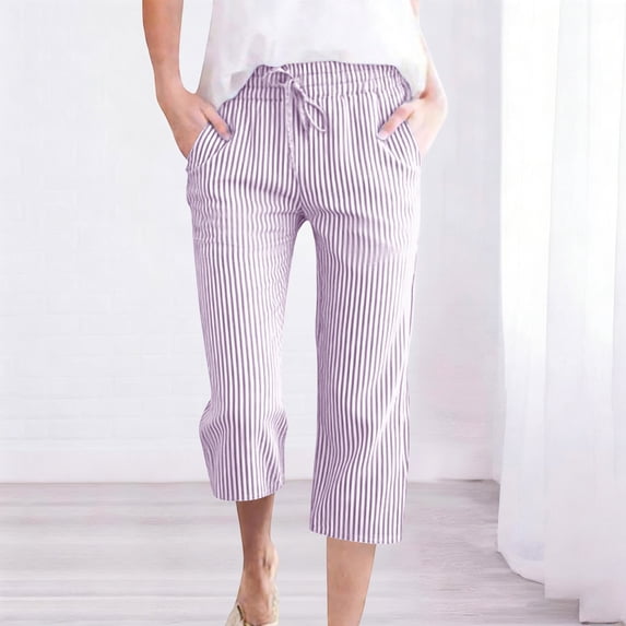Sokhug Capri Pants for Women Striped Elastic Drawstring Waist Lightweight Straight Leg Casual With Pockets Cropped Trousers