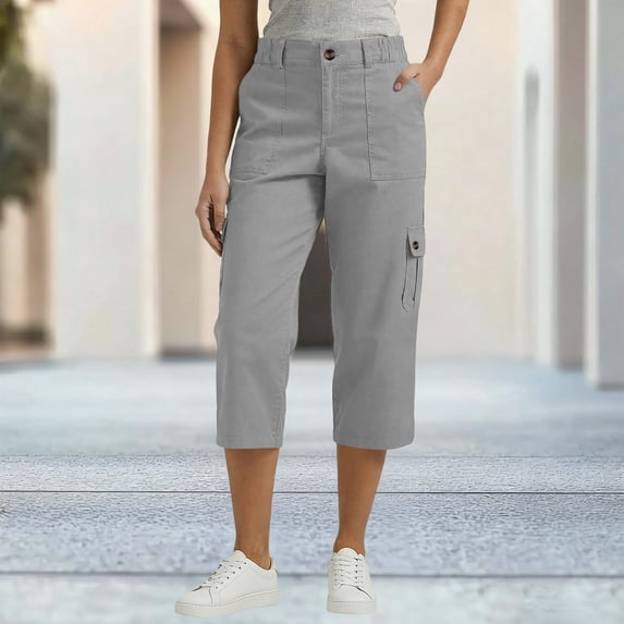 Sokhug Cargo Capri Pants for Women High Waist Button Fly with Side Flap Pockets and Finished Hem Casual Pants
