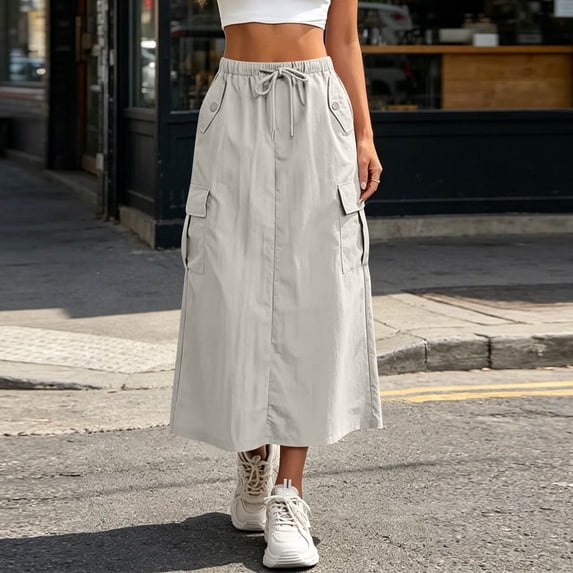Sokhug Cargo Maxi Skirt for Women Casual Elastic Waist Drawstring with Multi Pockets A Line Long Skirt