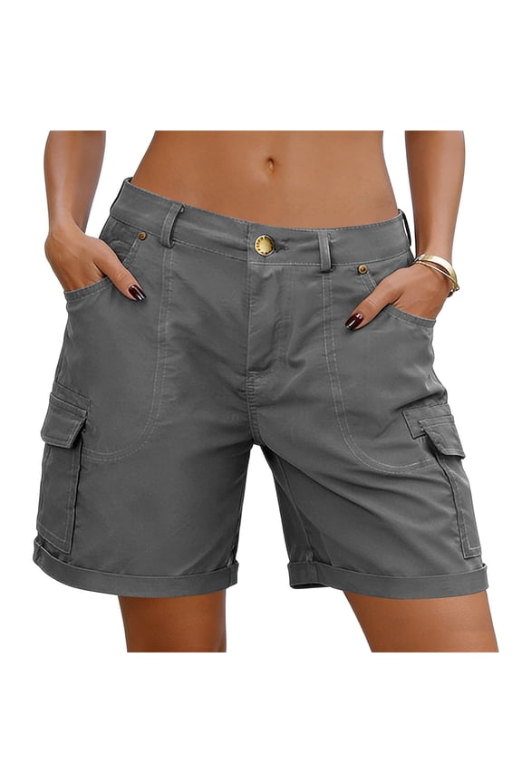 Cargo Shorts for Women Mid Waist Casual Multi-Pocket Summer Utility Shorts with Rolled Hem