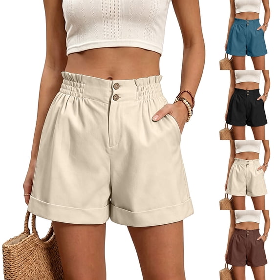 Sokhug Casual Shorts for Women High Waisted Ruffle Summer Elastic Waist Double Button Cuffed Hem with Side Pockets Daily Shorts