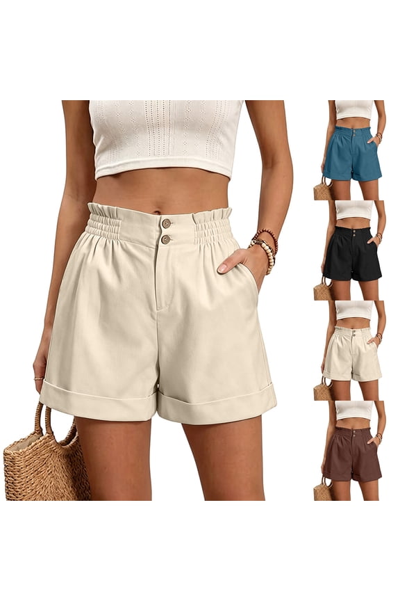 Casual Shorts for Women High Waisted Ruffle Summer Elastic Waist Double Button Cuffed Hem with Side Pockets Daily Shorts