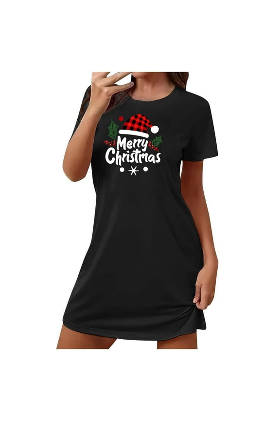 Christmas Graphic Women's Plus Size Nightgown Nightshirts Short Sleeve Sleepwear Round Neck Sleepshirt