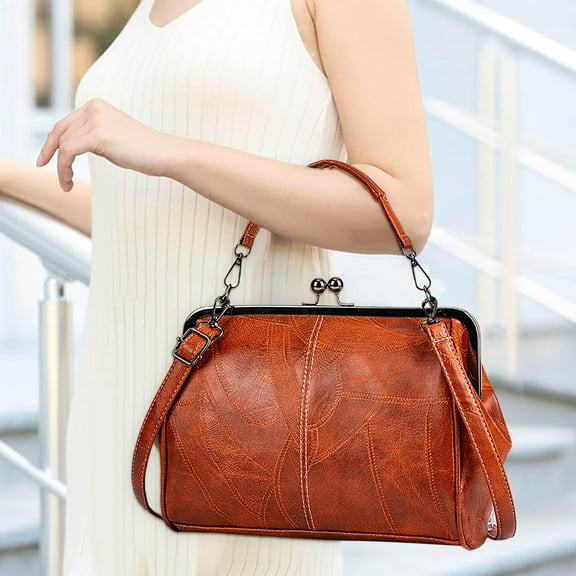 Sokhug Women Retro Hollow Oil Wax PU Leather Handbag Kiss Lock Crossbody Purse Vintage Messenger Bag Tote