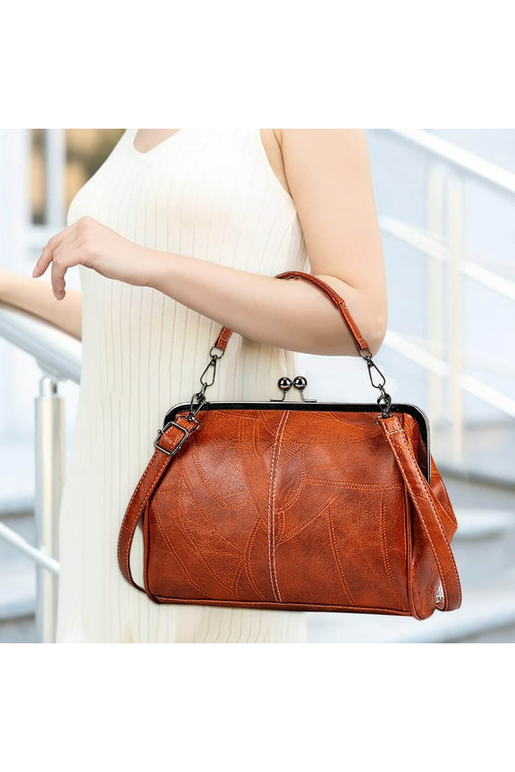 Women Retro Hollow Oil Wax PU Leather Handbag Kiss Lock Crossbody Purse Vintage Messenger Bag Tote