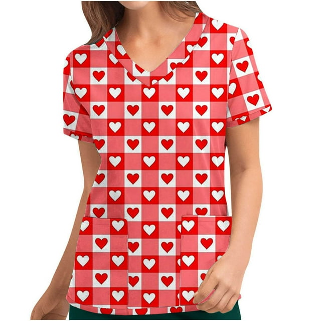 Sokhug Clearance Women Short Sleeve V-neck Tops Uniform Valentine's Day ...