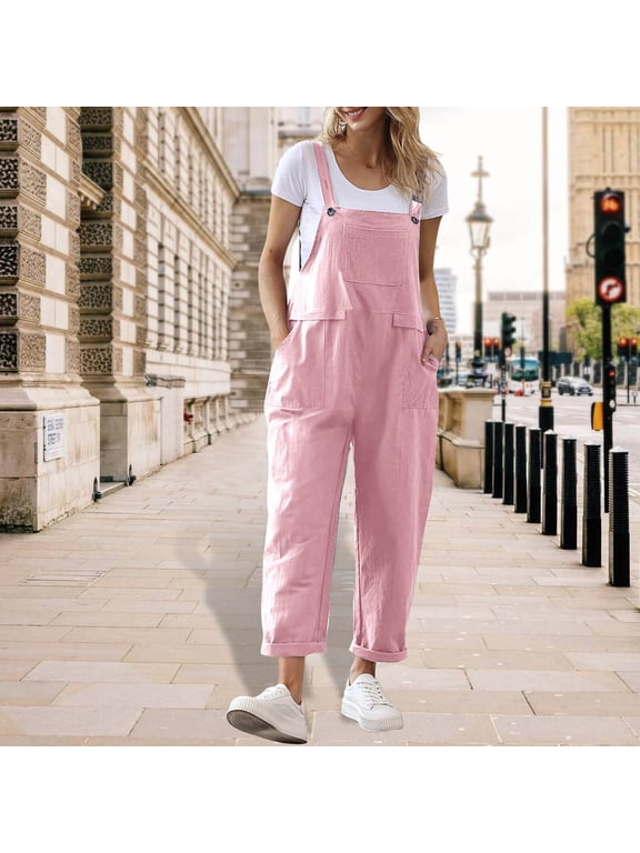 Cotton Linen Casual Overalls Jumpsuit for Women Adjustable Strap Cropped Ankle Pants with Multi Pocket Loose Fit Overall Pants
