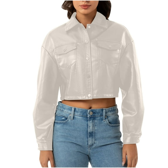 Sokhug Cropped Faux Leather Jacket for Women Long Sleeved Lapel Fashion Casual Solid Color Jacket, Beige