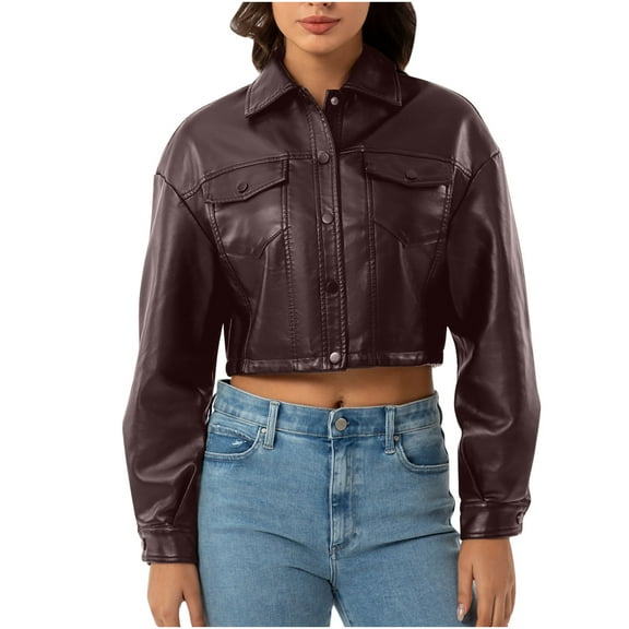 Sokhug Cropped Faux Leather Jacket for Women Long Sleeved Lapel Fashion Casual Solid Color Jacket, Coffee