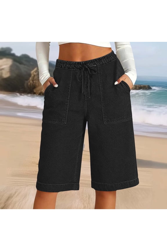 Denim Bermuda Shorts for Women Elastic Drawstring Waist with Patch Pockets Casual Loose Fit Jean Shorts