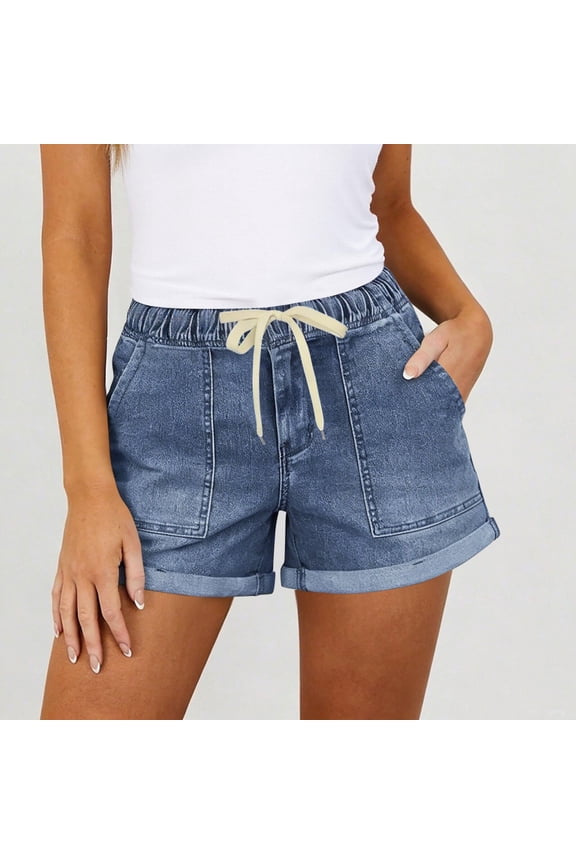 Denim Shorts for Women Washed Jean Elastic Waist Drawstring Casual Bottoms with Cuffed Hem and Deep Patch Pockets Shorts