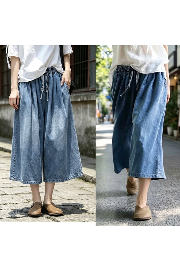 Denim Wide Leg Pants for Women Drawstring Elastic High Waist Culotte Loose Fit Capri Cropped Jeans