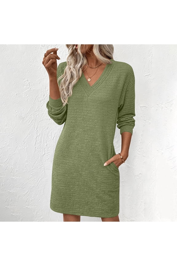 Fall Dresses for Women Fashion V Neck Long Sleeve Summer Mini Dress Solid Casual Beach Vacation Clothes Dresses