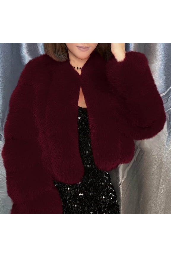 Faux Fur Jackets for Women Puffy Cropped Open Front Jacket Winter Warm Plush Coat Wine