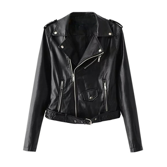 Sokhug Faux Leather Jacket Women Motorcycle Short Coat Moto Biker Blazer Casual Pleather Jackets, Black
