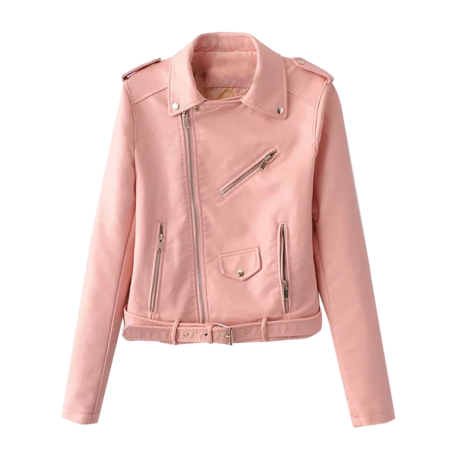 Sokhug Faux Leather Jacket Women Motorcycle Short Coat Moto Biker Blazer Casual Pleather Jackets, Pink