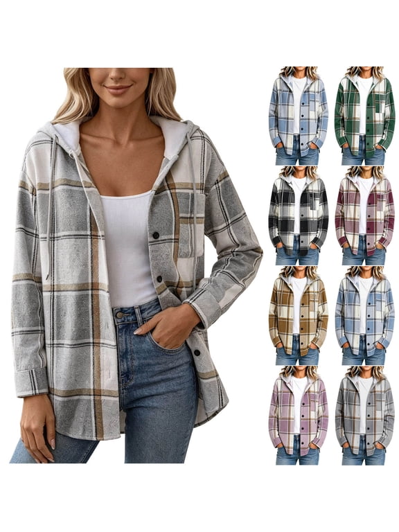 Flannel Shacket for Women Hooded Plaid Shirt Jacket Long Sleeve Button Down Casual Fall Winter Long Sleeve Cardigan Coat with Pockets