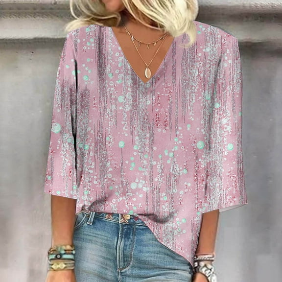 Sokhug Floral Shirts for Women V Neck 3/4 Sleeve Length Tops Loose Summer Blouses Business Causal T Shirt Trendy Printed Tee