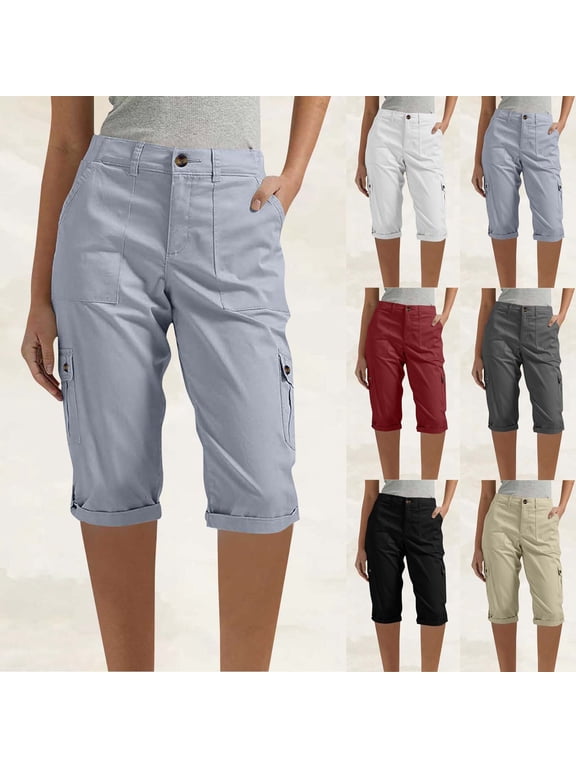 High Waist Cargo Capri Pants for Women Roll‑Up Cuff Multi Pockets Button Zipper Fly Fashion Casual Half Shorts Pants with Pocket