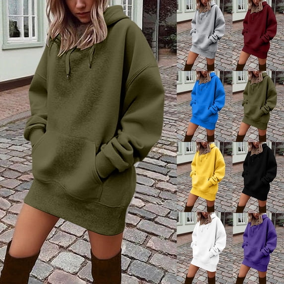 Sokhug Hooded Sweatshirt Mini Dresses for Women Drawstring Hood with Front Kangaroo Pocket Loose Casual Solid Color Pullover Dress Hooded Sweatshirt