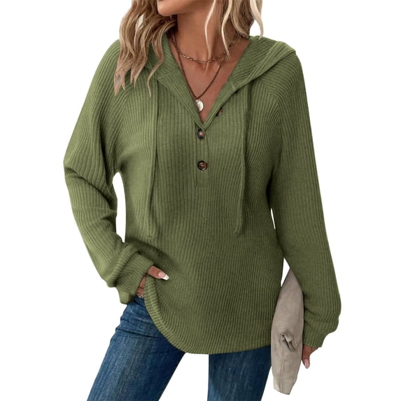Sokhug Hoodies for Women Waffle Knit V Neck Oversized Sweatshirt Button Down Drawstring Hooded Pullover Tops for Fall