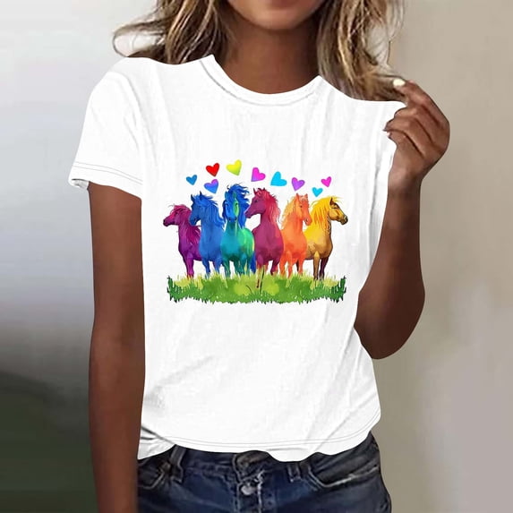 Sokhug Horse Racing Shirts for Women Funny Graphic Short Sleeve Unisex Summer Causal Vintage Animal Print Tees Tops T Shirt