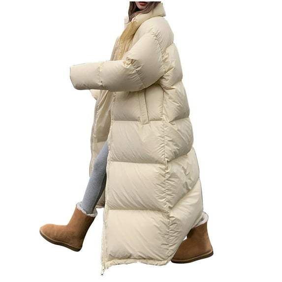 Sokhug Jackets for Women Puff Winter Long Sleeve Zip Puffer Jacket Padded Coats Thick Warm Outerwear Coats Beige