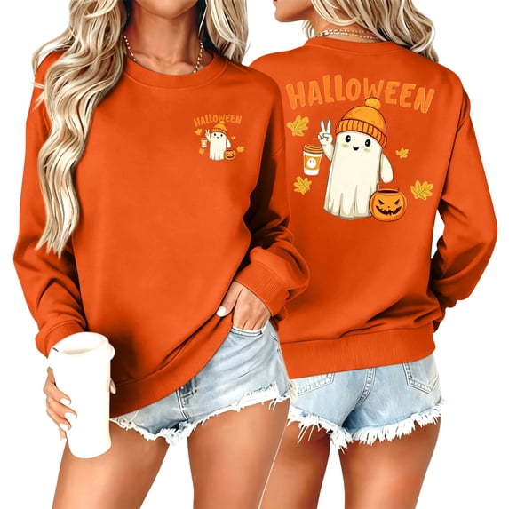 Sokhug Long Sleeve Halloween Sweatshirt Print Pullover Tops for Women Casual Round Neck Halloween Graphic Front Back Print Sweatshirt Fall Winter Holiday Casual Wear