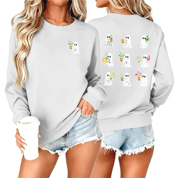 Sokhug Long Sleeve Halloween Sweatshirt Print Pullover Tops for Women Casual Round Neck Halloween Graphic Front Back Print Sweatshirt Fall Winter Holiday Casual Wear
