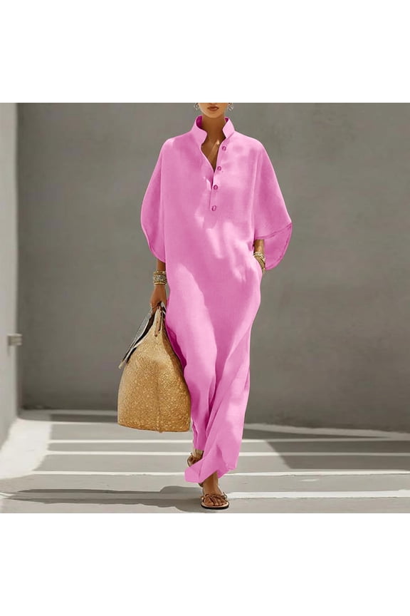Maxi Summer Dresses for Women Batwing Sleeve Mandarin Collar Henley Loose Fit Solid Color Summer Fashion Dresses with Pockets