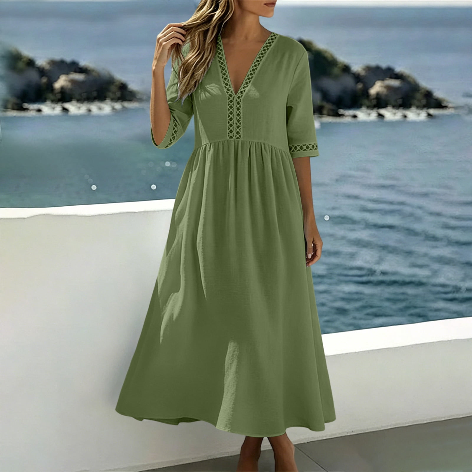 flowy 3 4 sleeve dresses Sokhug Midi Dress 3/4 for Women Cotton Blend V Neck Lace Trim Empire Waist Casual Solid Color Summer Swing Dresses, Women's, Size: Small elegant long sleeve mother of the bride dresses
