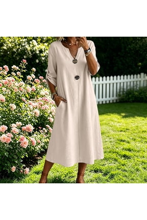 Midi Dress Casual for Women 3/4 Sleeve Cotton Split V Neck Loose A-Line Dress with Decorative Buttons and Side Pockets