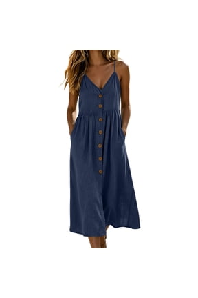 Midi Dresses for Women Spaghetti Strap V Neck Button Down Empire Waist with Pockets Casual Summer Sundress