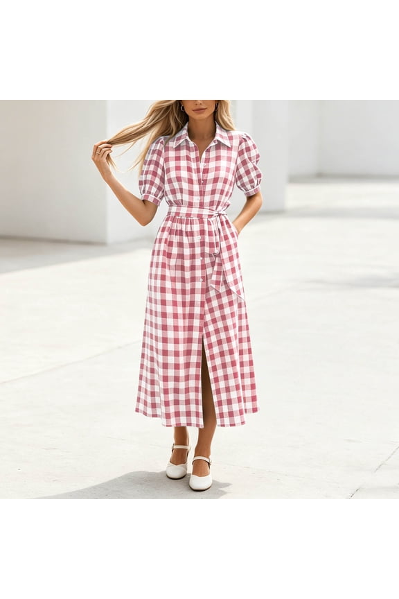 Midi Shirt Dresses for Women Short Puff Sleeve Gingham Turn Down Collared Waist Tie Belted A Line Flared Swing Dresses