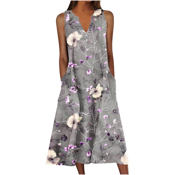 Sokhug Nightgowns for Women Sleeveless Sleepshirt Long Print House Dress Tank Nightshirt Maxi Casual Dress with Pockets