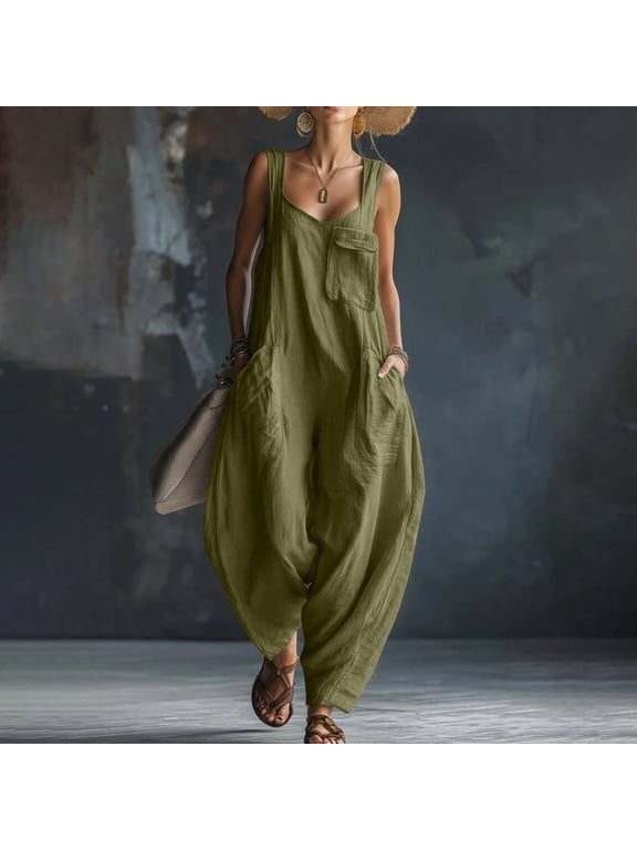 Overalls Jumpsuit for Women Cotton Sleeveless Wide Leg Loose Fit Romper with Multiple Pockets Casual Summer Playsuit
