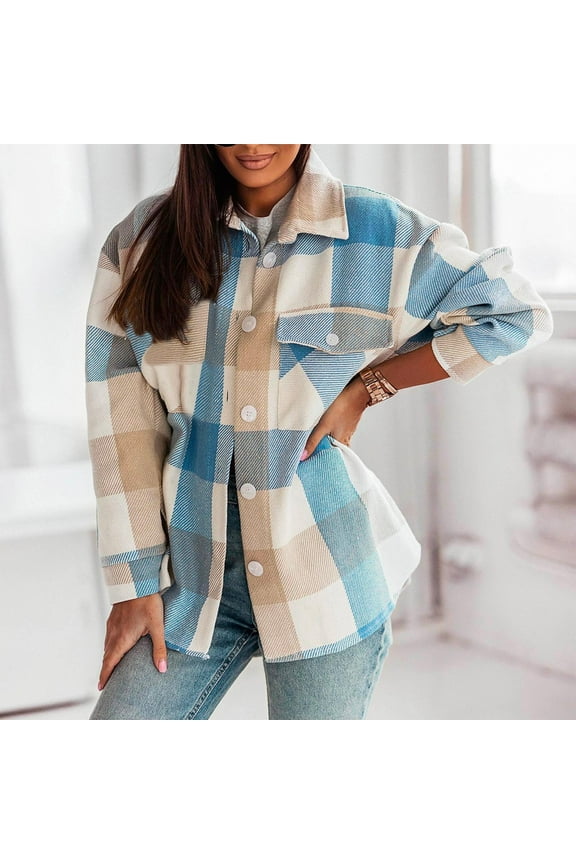 Shacket Jackets for Women Plaid Button Down Lapel Long Sleeve Loose Casual Wool Blend Coat