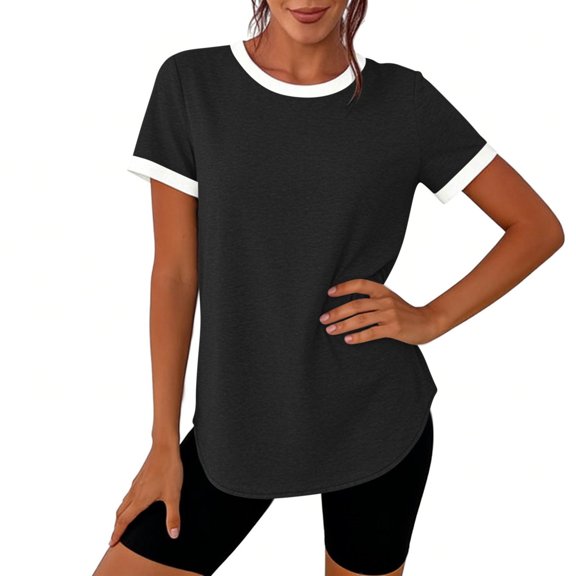 Sokhug Short Sleeve for Women Round Neck Contrast Ringer T Shirt Curved Hem Soft Casual Basic Tunic Shirts