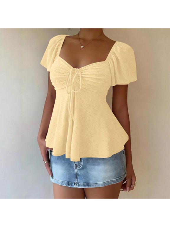 Short Sleeve for Women Square Neck Eyelet Embroidery Blouse Drawstring Front Peplum Hem Solid Color Casual Tops