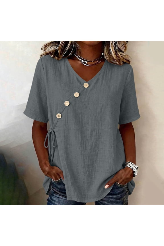 Women Short Sleeve V Neck Linen Cotton Tee Asymmetrical Wrap Blouse Button Side Tie Casual Tunic Tops