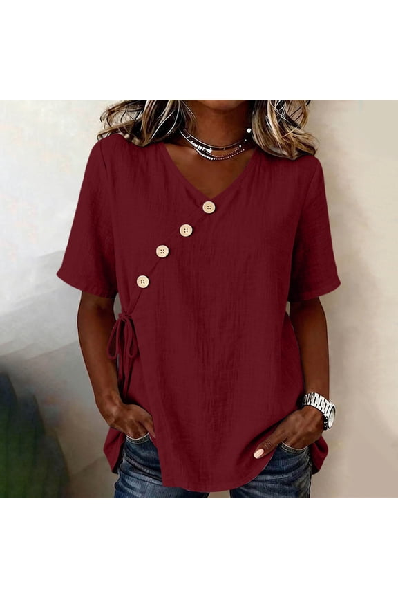 Women Short Sleeve V Neck Linen Cotton Tee Asymmetrical Wrap Blouse Button Side Tie Casual Tunic Tops